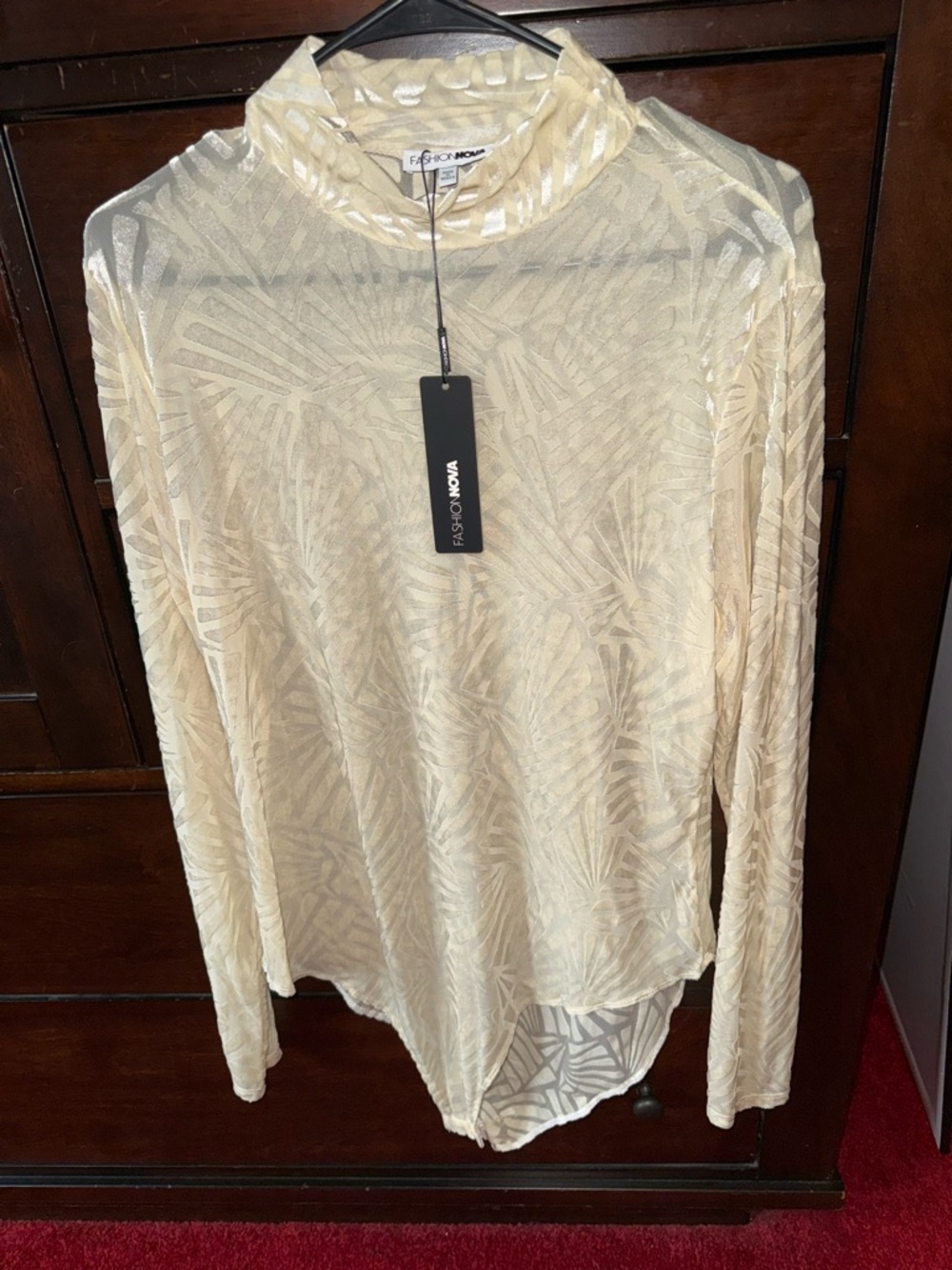 Fashion Nova Sheer Palm-Print Mock Neck Long Sleeve Top in Cream